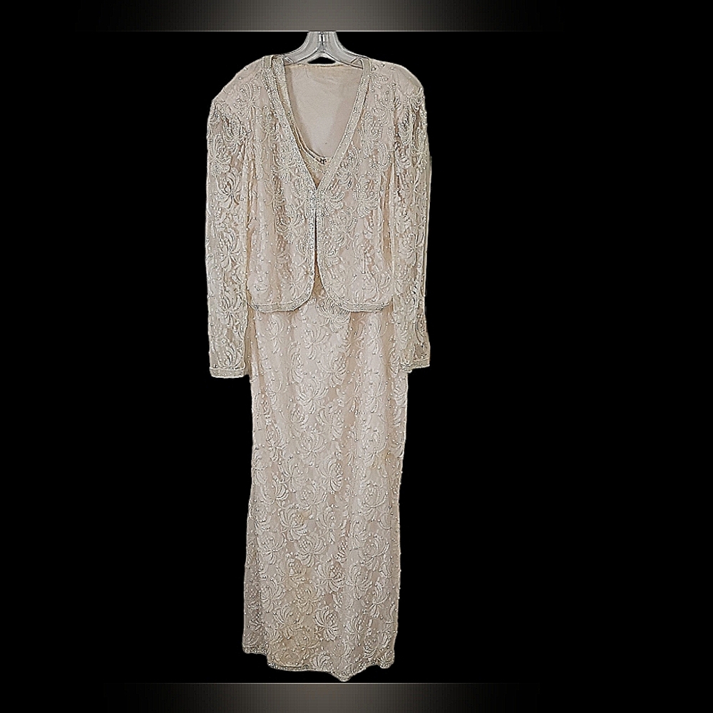 White Lace Evening Gown Embellished with Pearls & Bugle Beads.Has Bollero Jacket